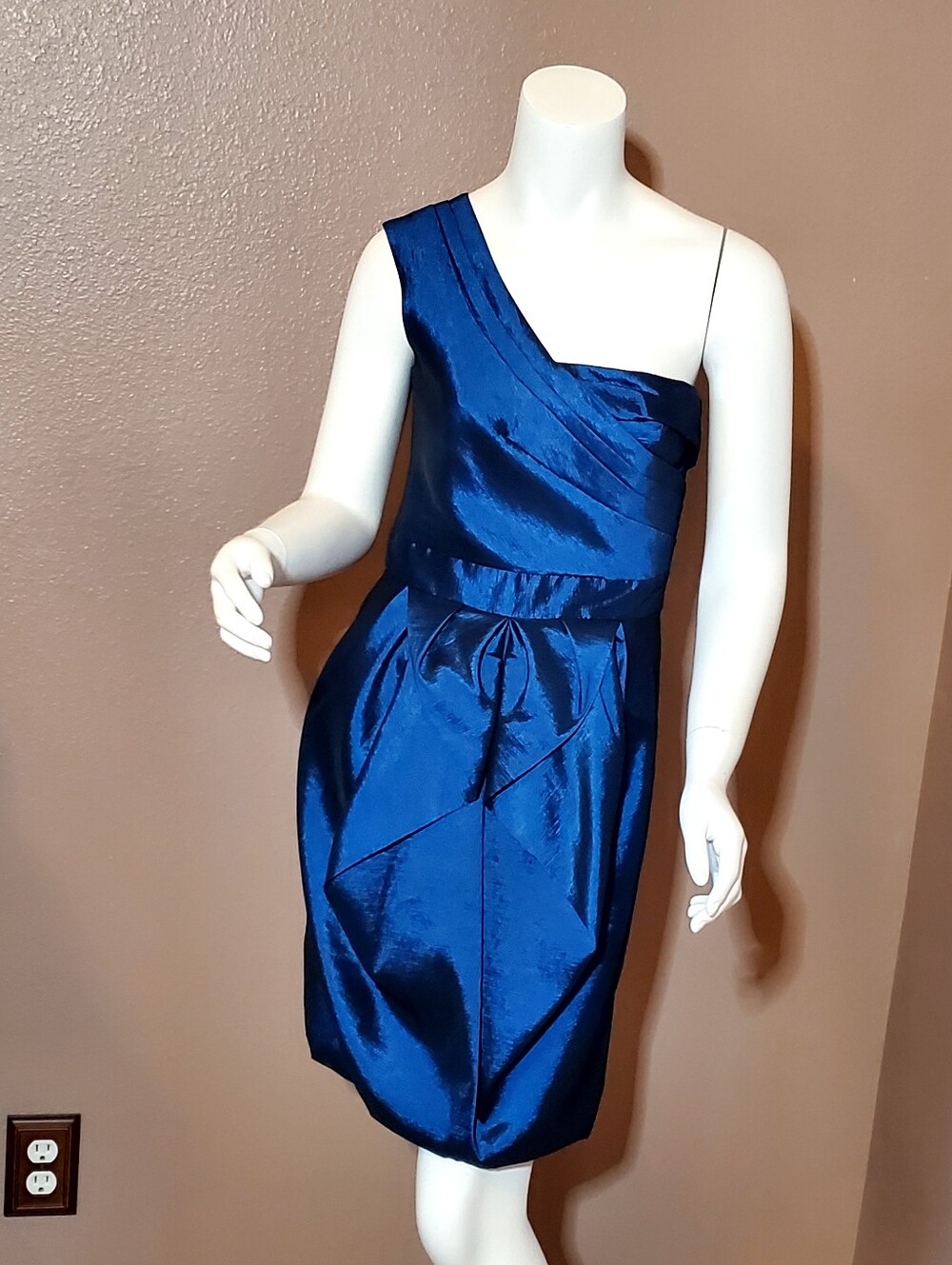 MAX & CLEO Marine Blue Taffeta One Shoulder Cocktail Dress Size 4